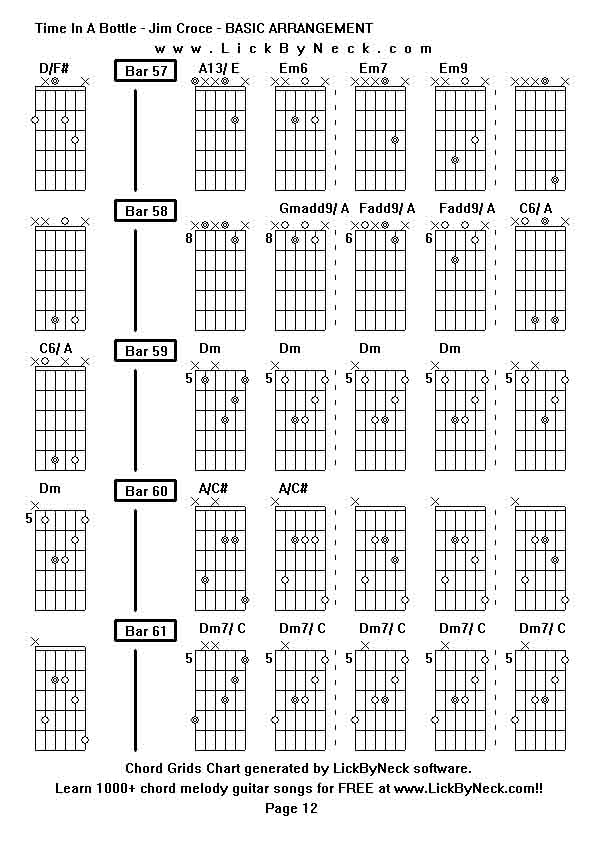 Chord Grids Chart of chord melody fingerstyle guitar song-Time In A Bottle - Jim Croce - BASIC ARRANGEMENT,generated by LickByNeck software.